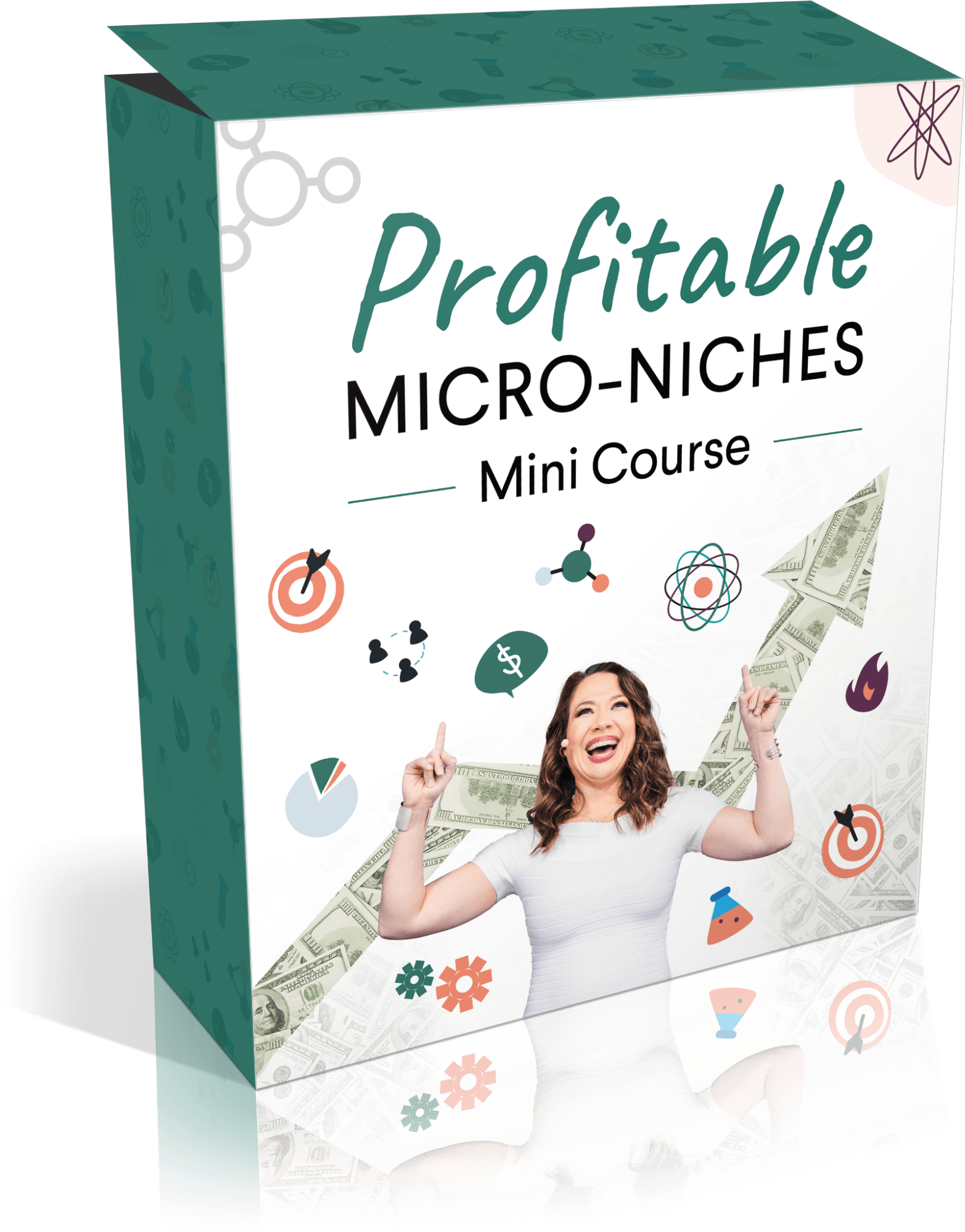 3D cover of a mini course titled Profitable Micro-Niches featuring a woman smiling, surrounded by money graphics and icons like targets and dollar signs.